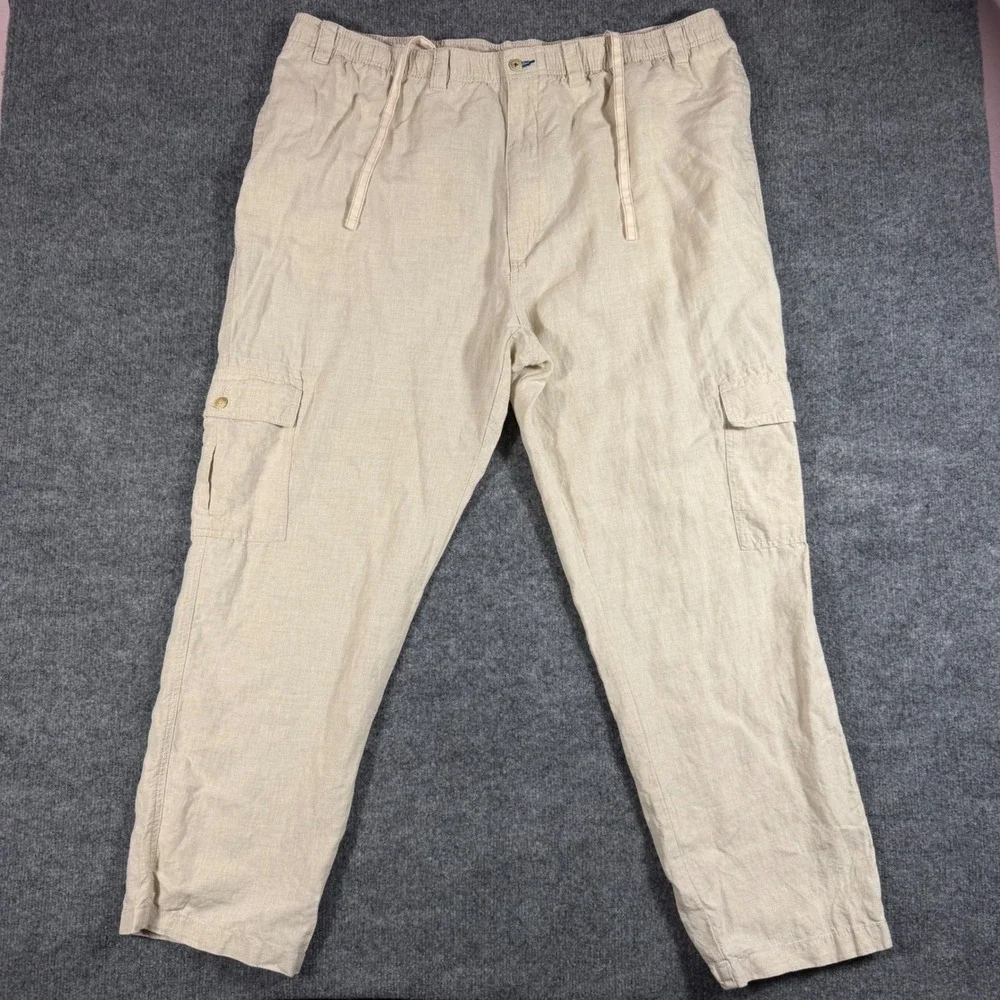 Caribbean Cargo Pants Mens 46x32 Beige 100% Linen Drawstring Summer Beach EUC